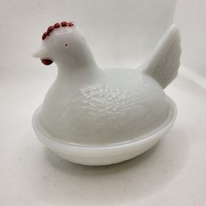 Vintage White Milk Glass Hen On Basket Mini Dish Trinket